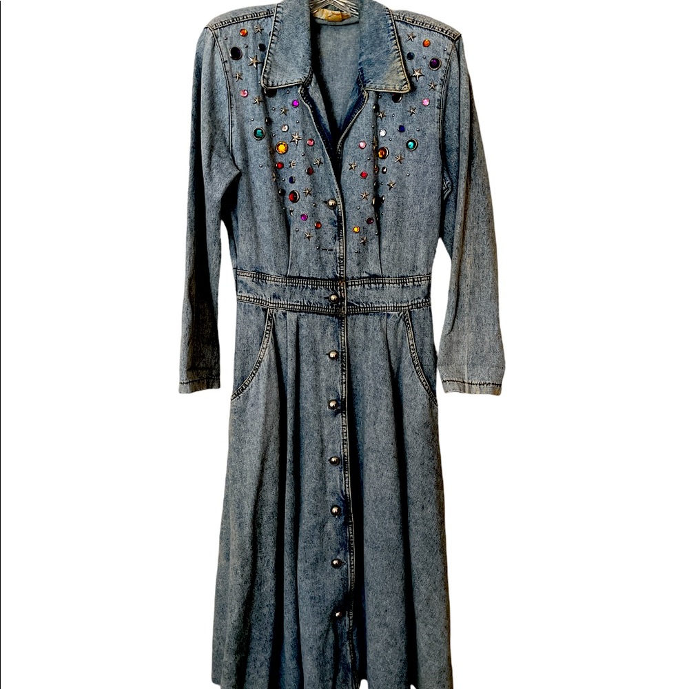 Vintage Denim Bejeweled Long Dress Button Up size 8